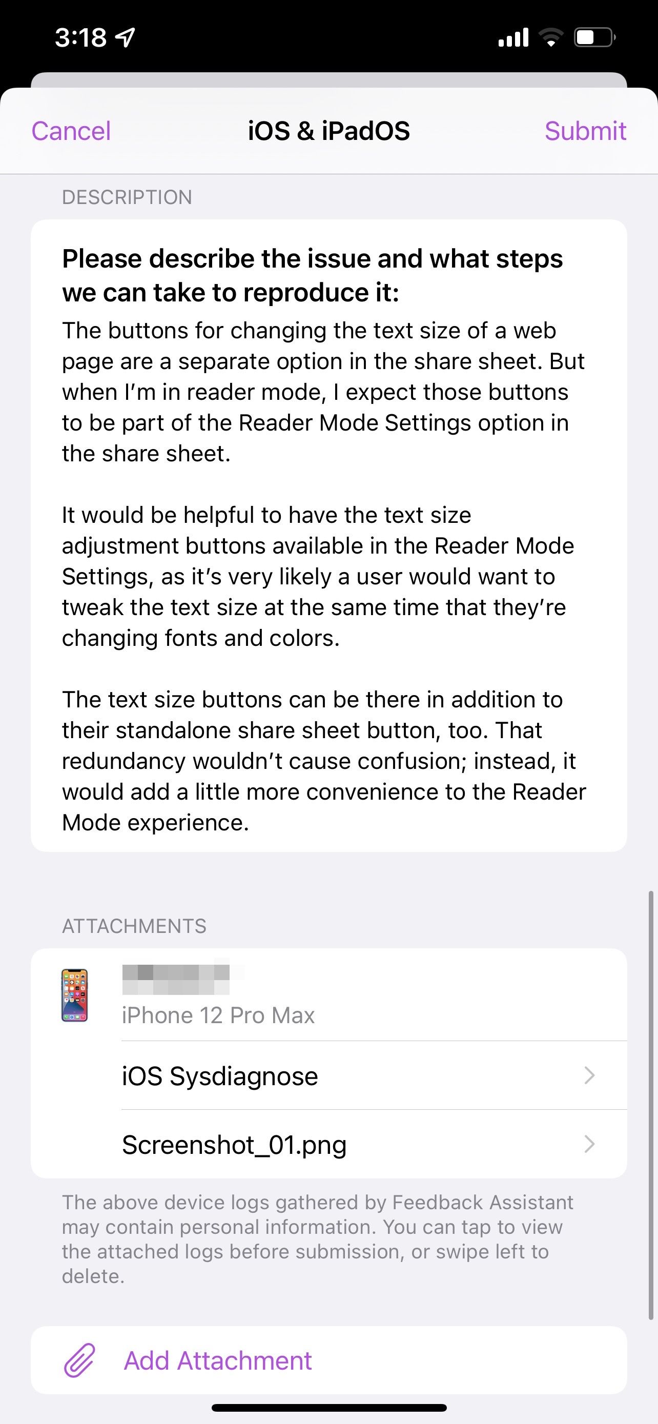 поле описания в форме отчёта iOS