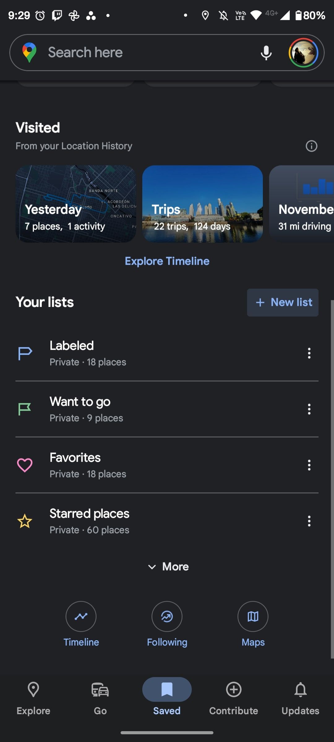 Вкладка «Сохранённые» в Google Maps с разделом «Ваши списки»