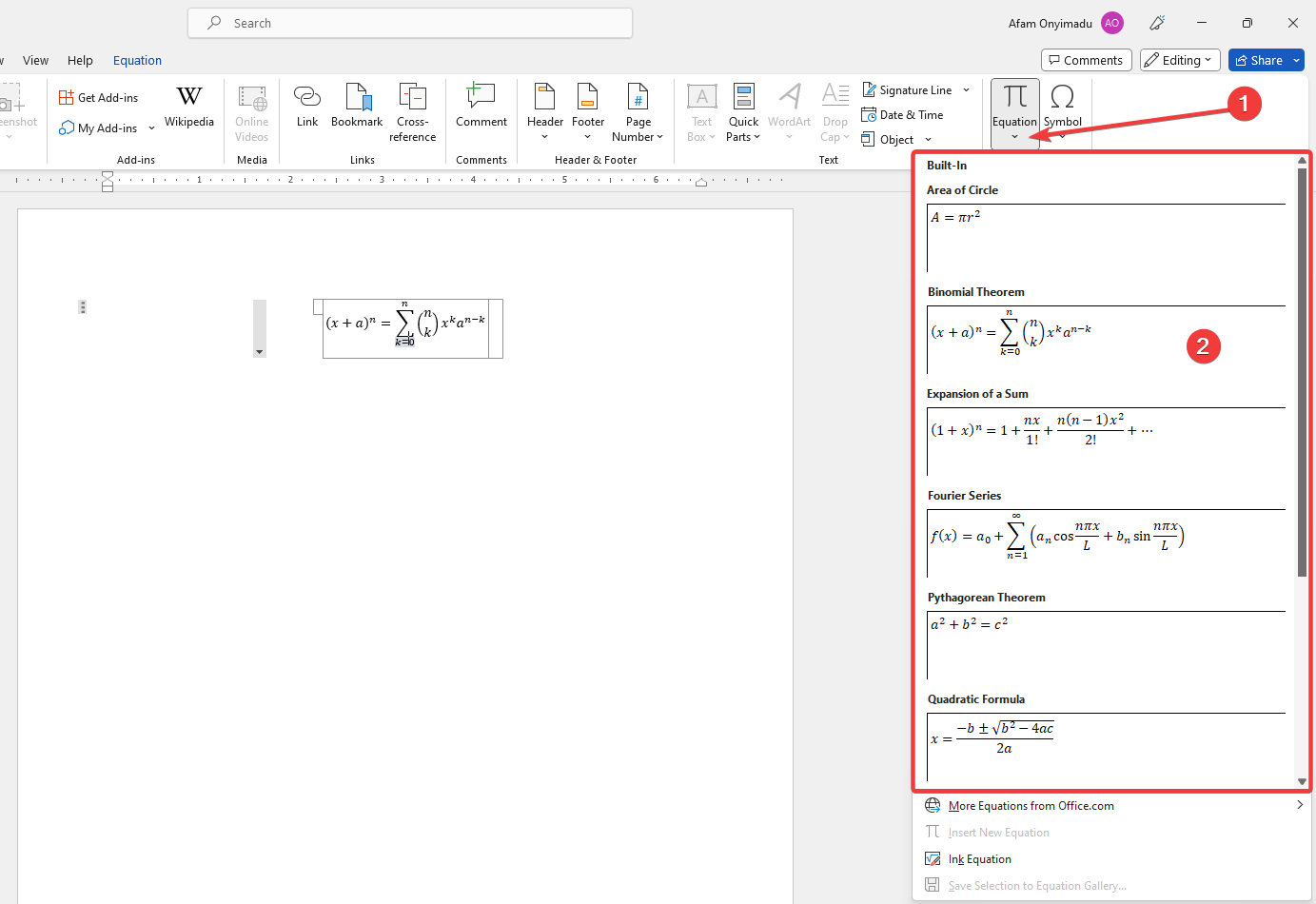 Выбор шаблона уравнений в Word
