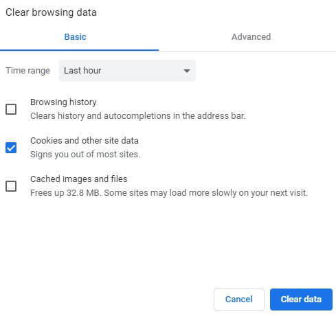 Окно удаления данных просмотра в Chrome
