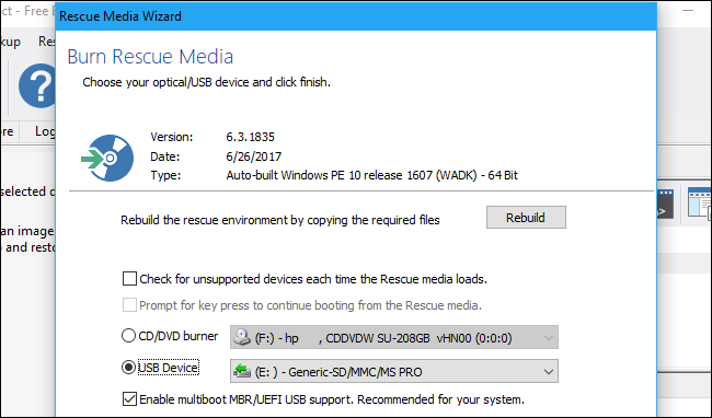 Выбор создания загрузочной USB-флешки или диска для восстановления образа