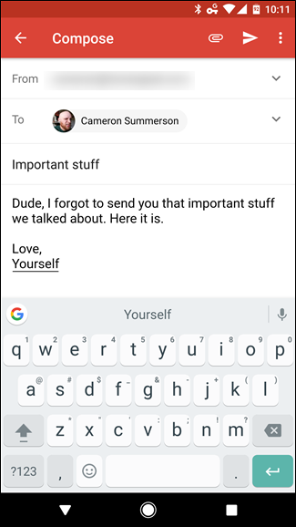 Скриншот: форма нового письма в Gmail