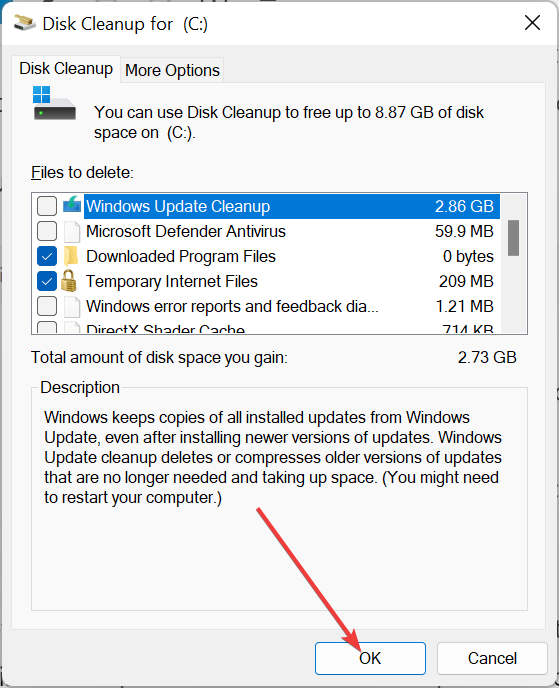 Окно подтверждения выбора файлов для удаления в Очистке диска