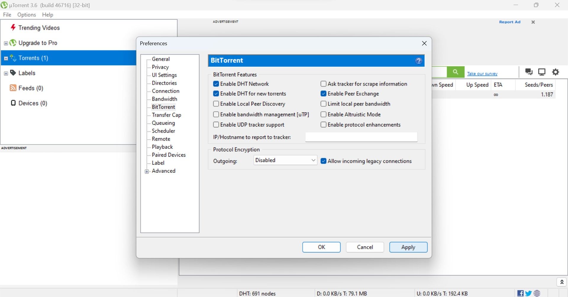 Отметьте Enable DHT Network, Enable DHT for new torrents и Enable Peer Exchange в настройках BitTorrent
