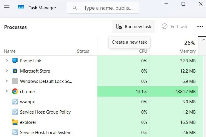 Создание новой задачи из Диспетчера задач.