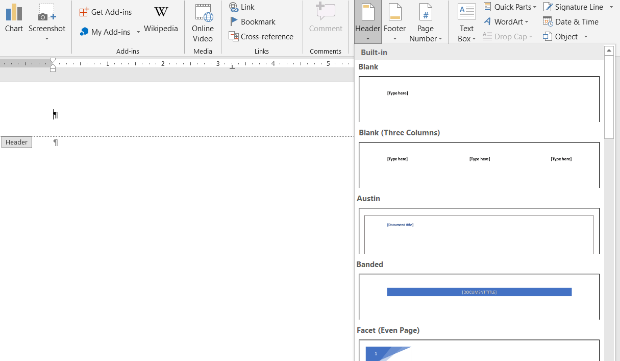 Вставка верхнего колонтитула в Word: меню и предустановки