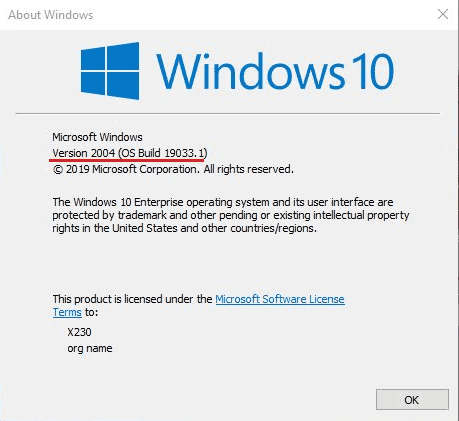 Окно winver с версией Windows 10