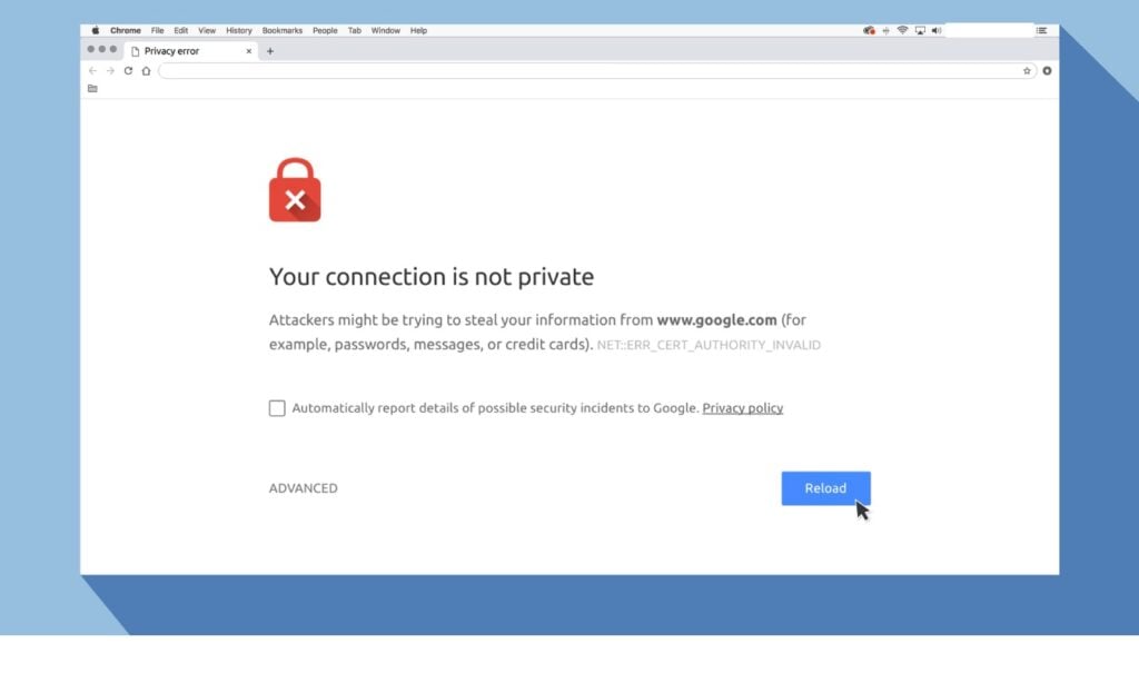 SSL 인증서 문제를 나타내는 브라우저 경고 화면