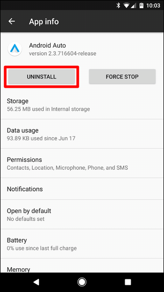 Кнопка Удалить приложение Android Auto