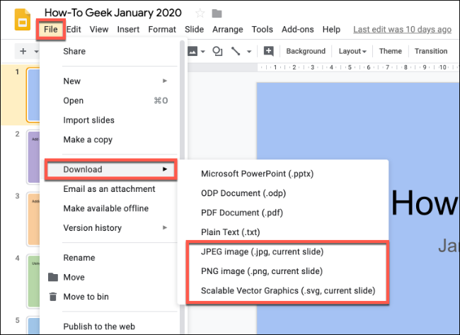 Нажмите Файл и Скачать в Google Slides и выберите формат изображения, чтобы сохранить отдельный слайд как картинку