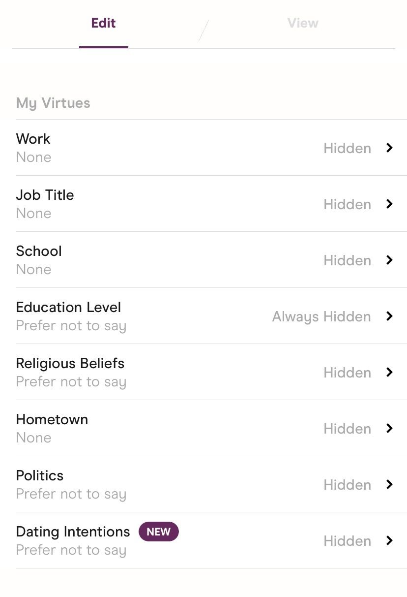 Раздел My Virtues в профиле Hinge