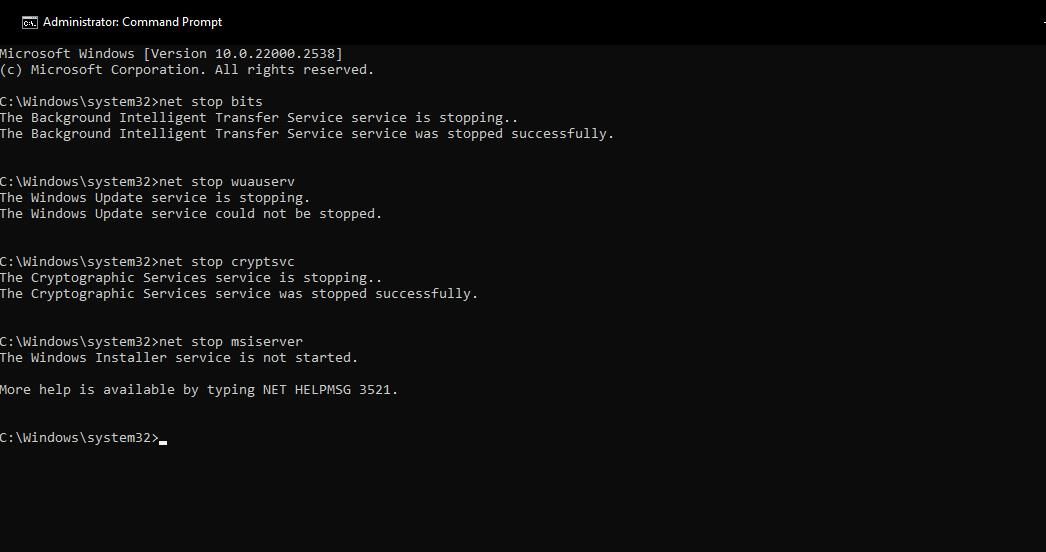 Команда net stop в Командной строке с правами администратора