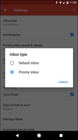 Скриншот: подтверждение выбора Priority Inbox