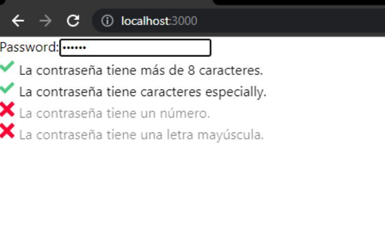 Экран с контрольным списком пароля и индикацией правил