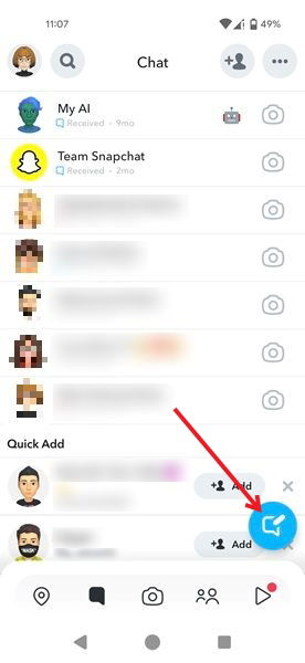 Нажатие значка нового сообщения в Snapchat для Android.
