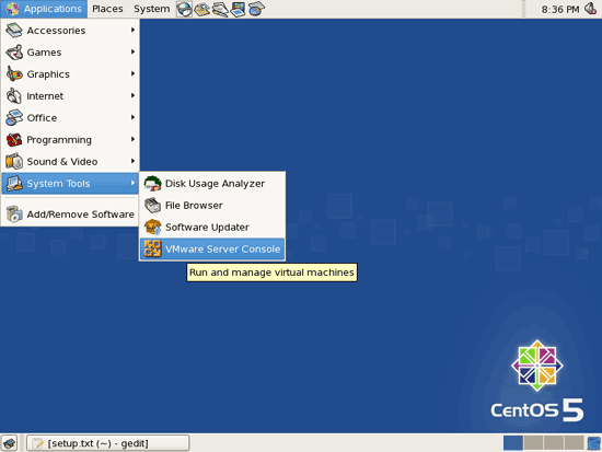Запуск VMware Server через меню GNOME System Tools