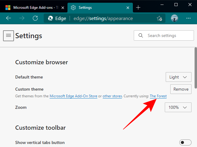 Ссылка на текущую тему в Edge откроет страницу темы