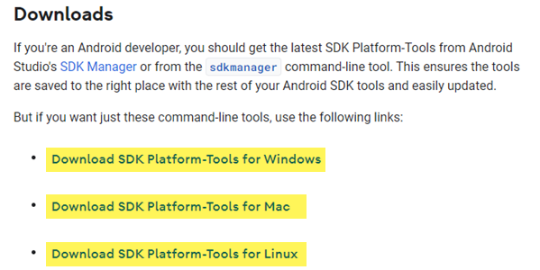 Страница скачивания Android SDK Platform Tools