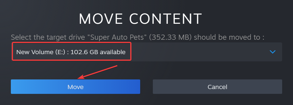 Выбор диска назначения для перемещения игры