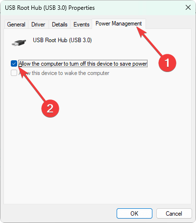 Окно управления электропитанием для USB Root Hub