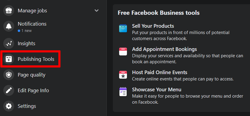 Меню страницы Facebook и вкладка Publishing Tools