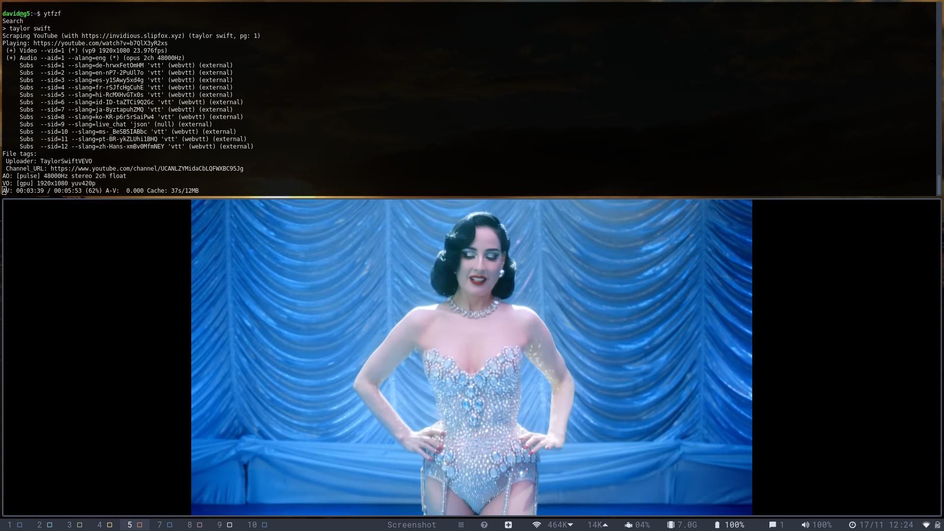 интерфейс ytfzf с воспроизведением клипа Taylor Swift Bejeweled