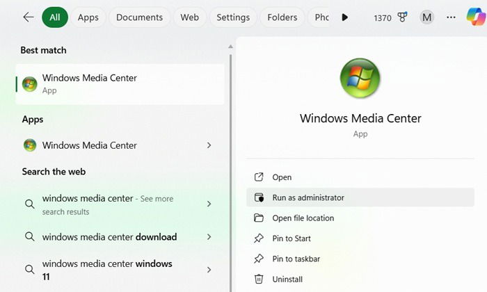 Windows Media Center установлен и отображается в системе