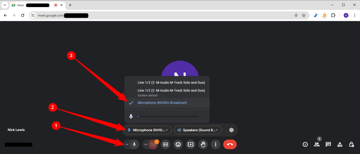 Пример выбора микрофона NVIDIA Broadcast в Google Meet