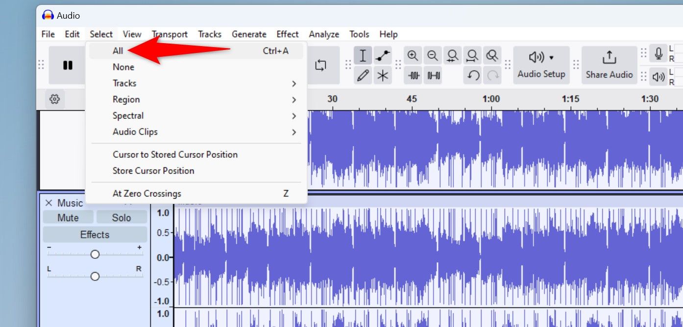 Select > All highlighted in Audacity.