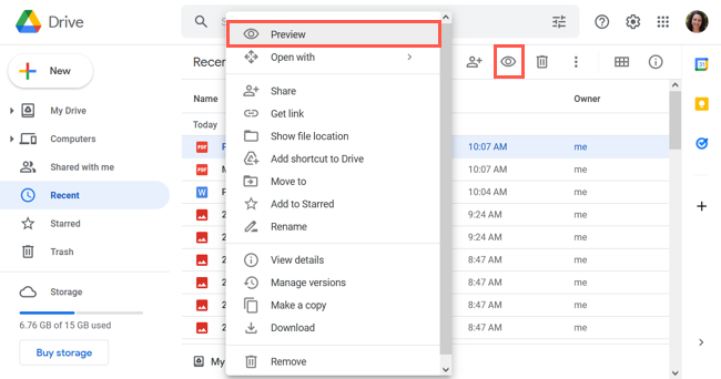 Предварительный просмотр в контекстном меню и значок сверху