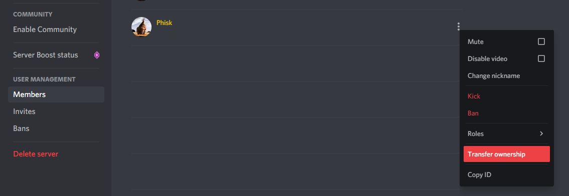 Передача прав владельца сервера Discord на компьютере