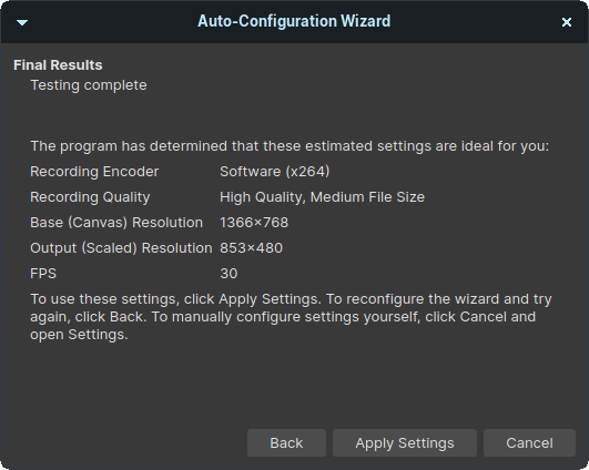 Результат теста: OBS предложил 853×480 и 30 FPS