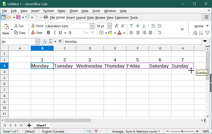 Заполнение последовательности названий дней недели в LibreOffice Calc