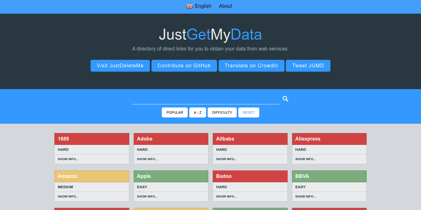 Главная страница JustGetMyData с перечнем сервисов