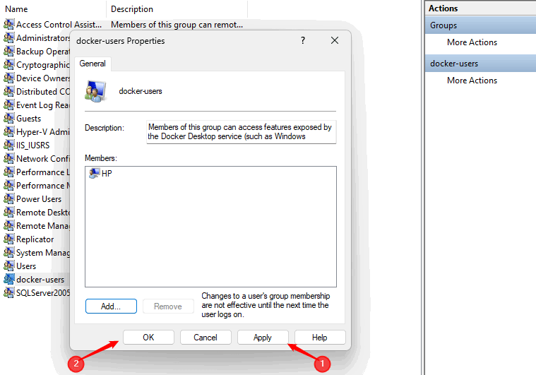 Usuario añadido al grupo docker-users en la GUI