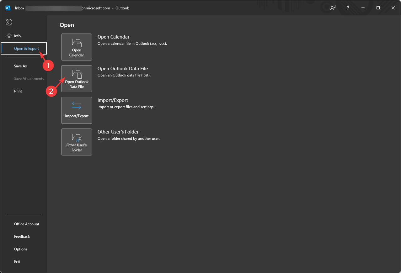 Открыть файл данных Outlook