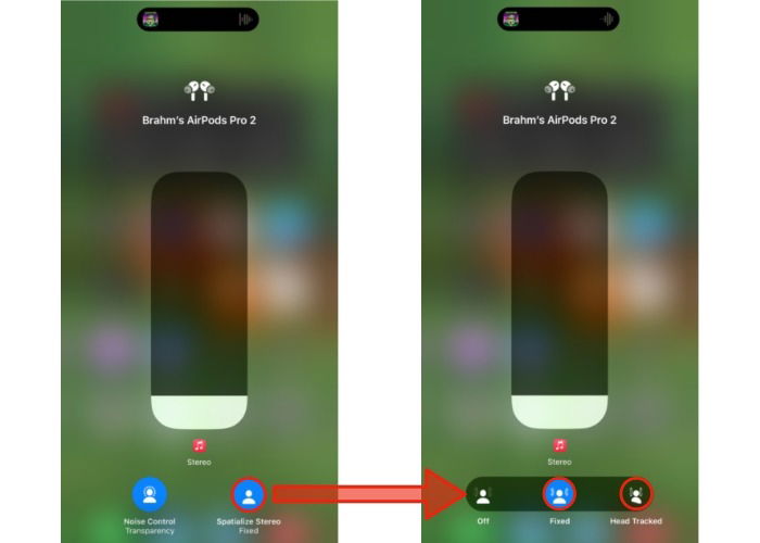 Опции переключателя Spatial Audio: Fixed, Head Tracked, Off