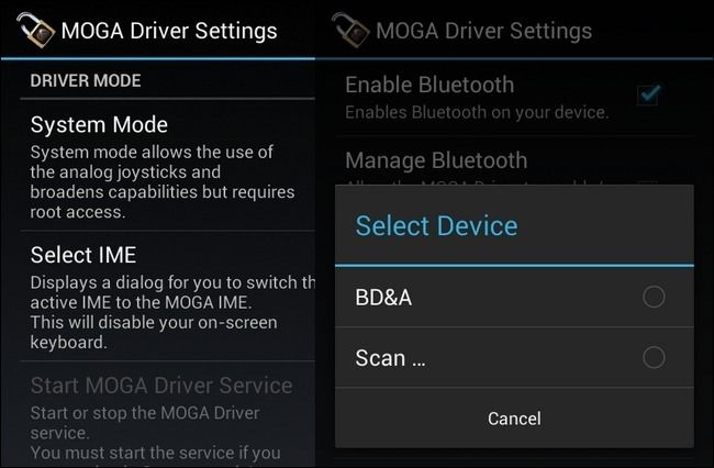 MOGA Universal Driver 설정 화면 예시