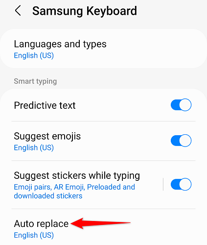 Параметр Автозамена (Auto Replace) в настройках Samsung Keyboard