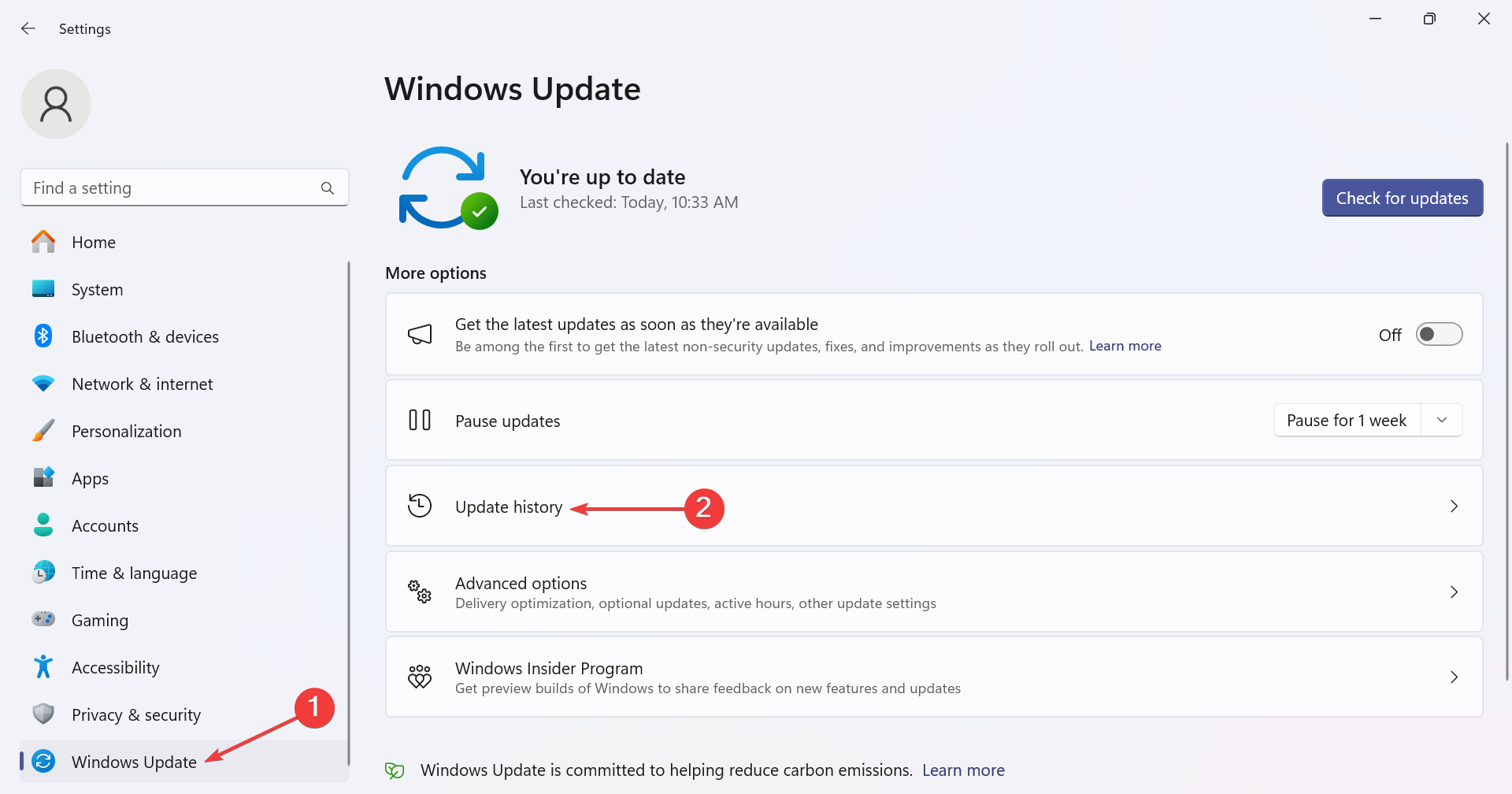 Параметры Windows — история обновлений