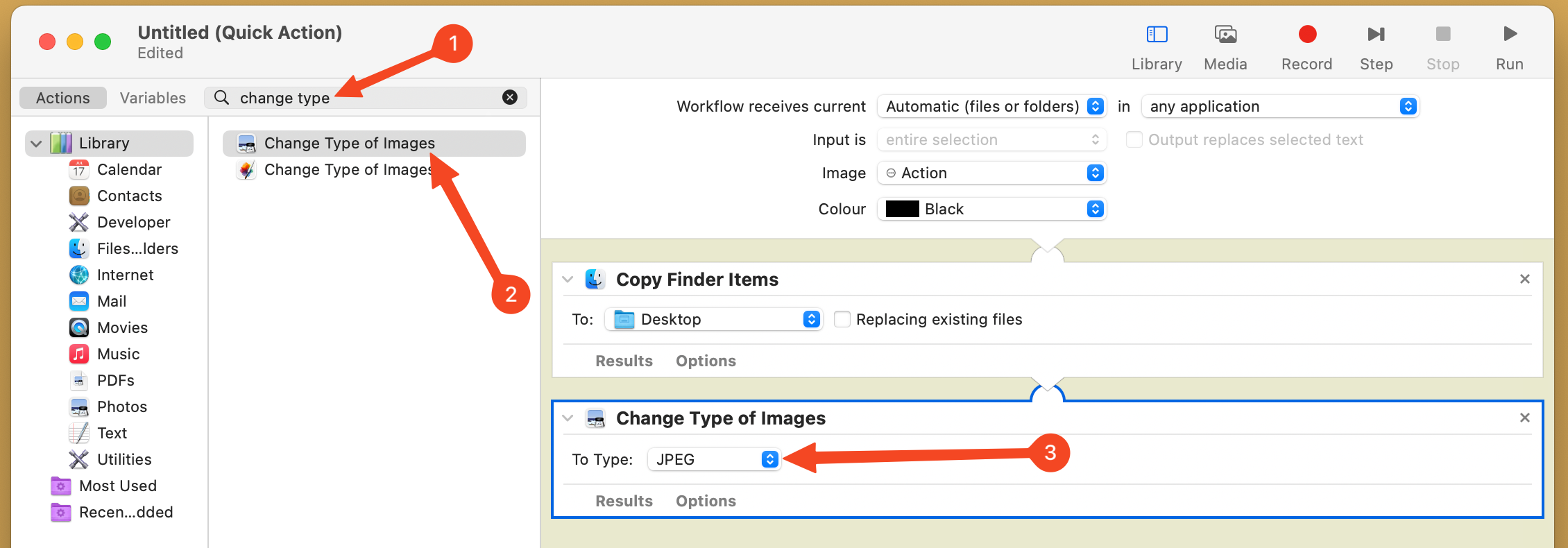 Настройка изменения типа изображения на JPEG в Automator.