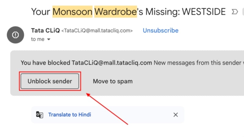 Изображение: кнопка разблокировать отправителя в письме Gmail
