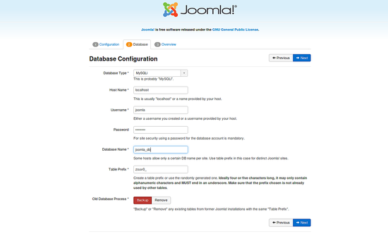 Настройка базы данных Joomla