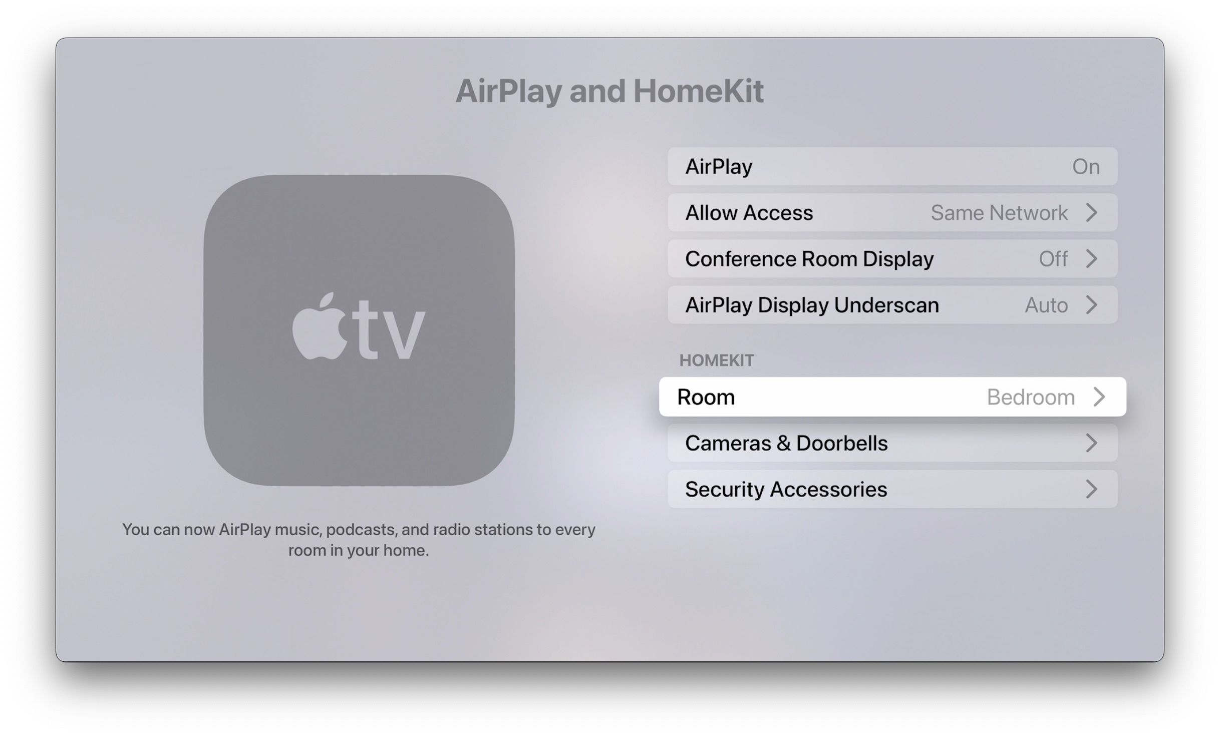 Настройки AirPlay и HomeKit в tvOS с выбором комнаты