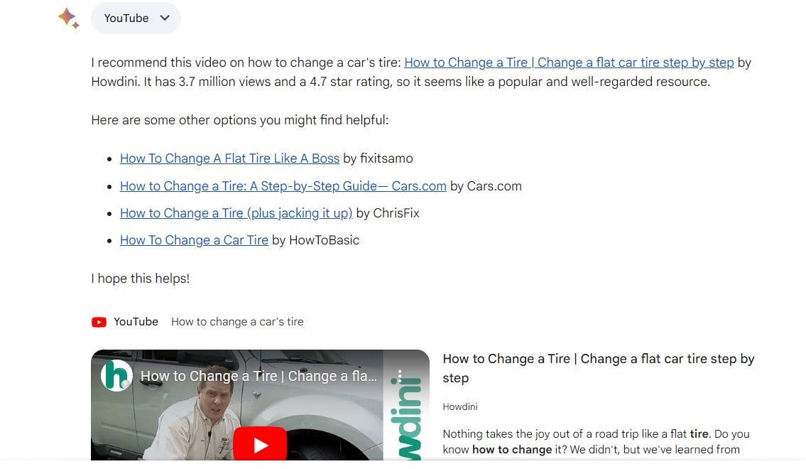 Gemini рекомендует видео о замене автомобильного колеса