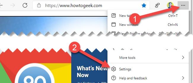 Переход в настройки Edge через меню
