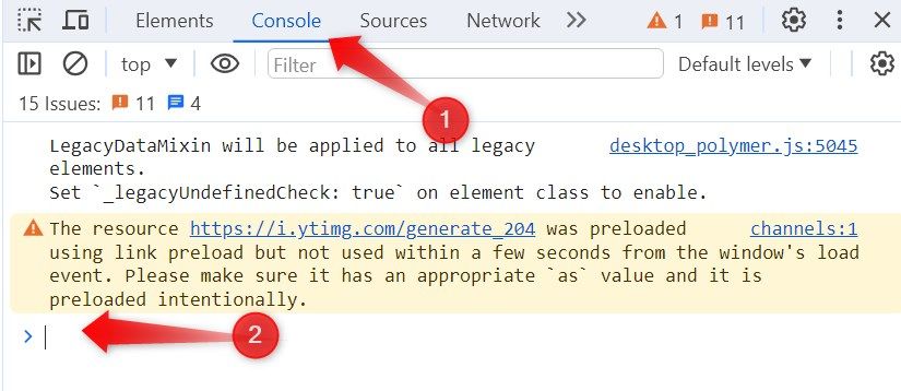 Открытие вкладки Console в Inspect Element для вставки кода.