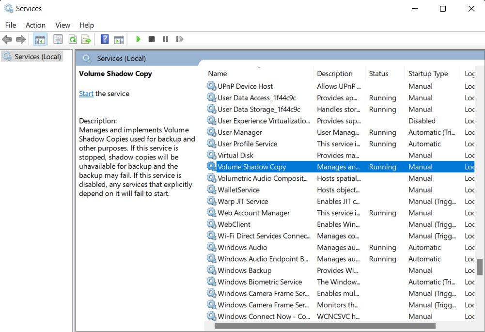 Служба Volume Shadow Copy в окне служб Windows