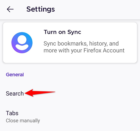 Выберите «Поиск» на странице Настроек в Firefox на Android.