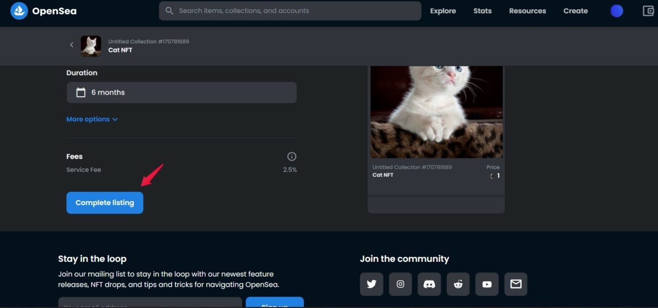 Кнопка Complete Listing для завершения выставления NFT